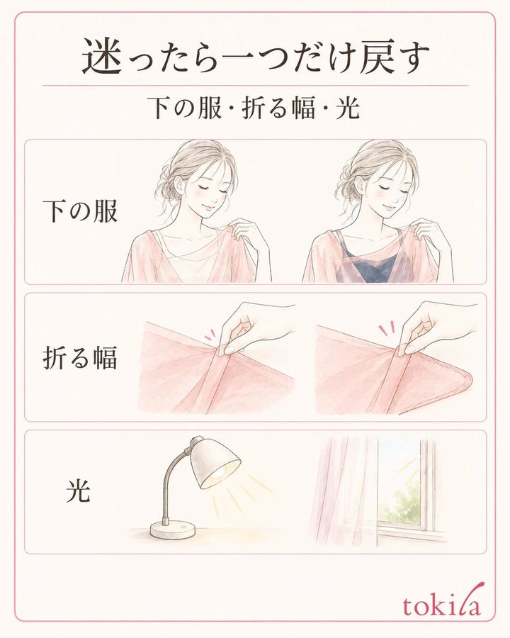 下の服、折る幅、光のうち、次に見直す一つを選びます。
