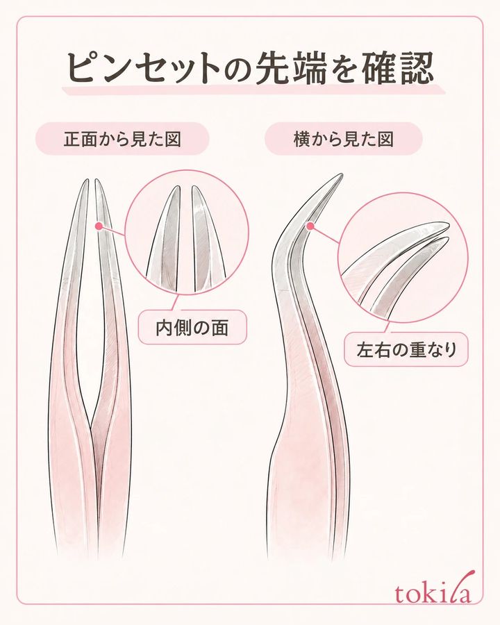 先端の内側と左右の重なりを明るい手元で確認します。