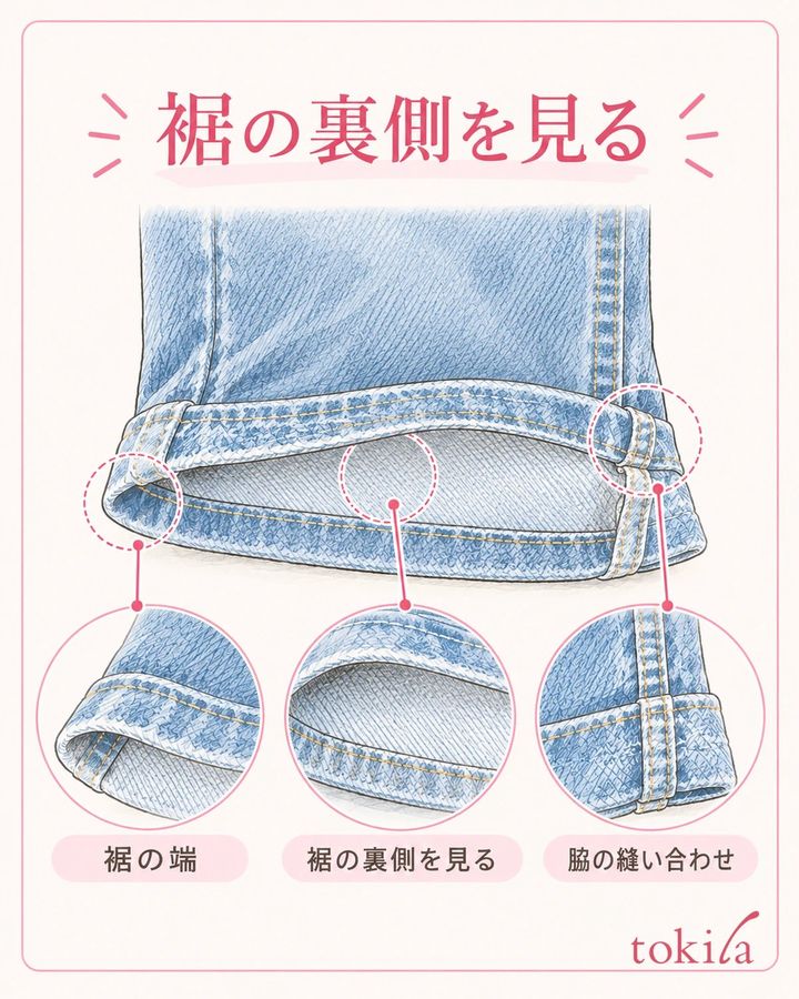 裏側・裾の端・脇の縫い合わせを分けて確認します。