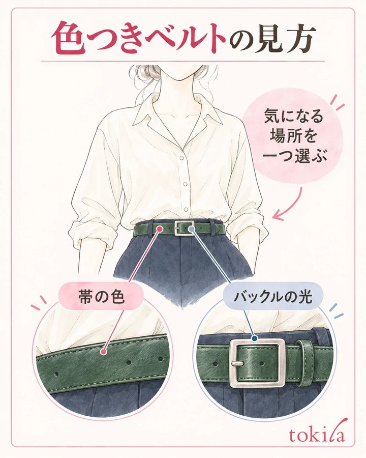 帯の色とバックルの光を分けて確認します。