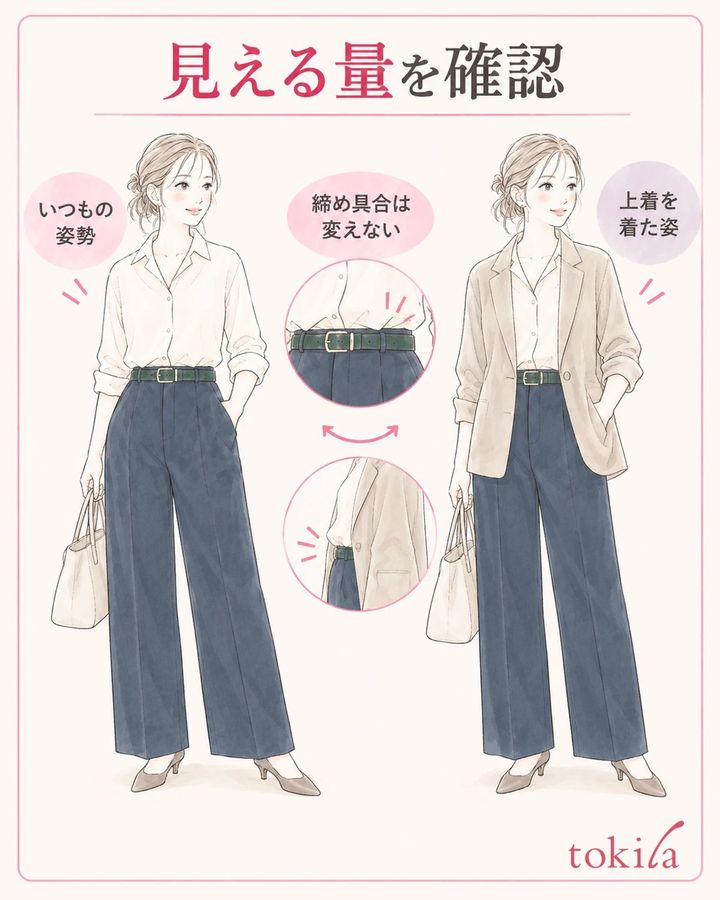 上着と普段の動きで色が見える量を確かめます。