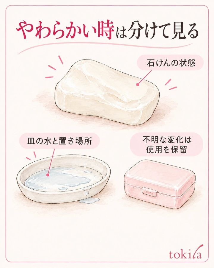 石けんの変化と、皿に残った水を分けて振り返ります。