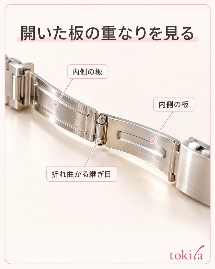 中留の内側の板と、折れ曲がる継ぎ目を近くで見ます。