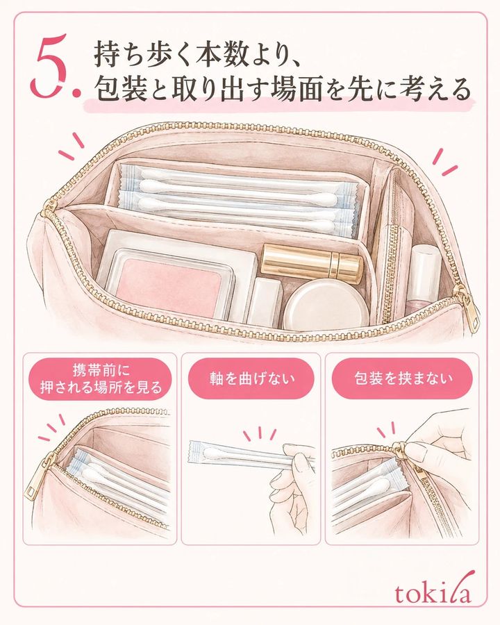 包装の端と軸が、周囲の道具やファスナーに押されないか見ます。
