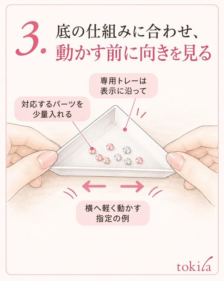 向きを整える指定があるトレーだけ、説明の動きを小さく試します。