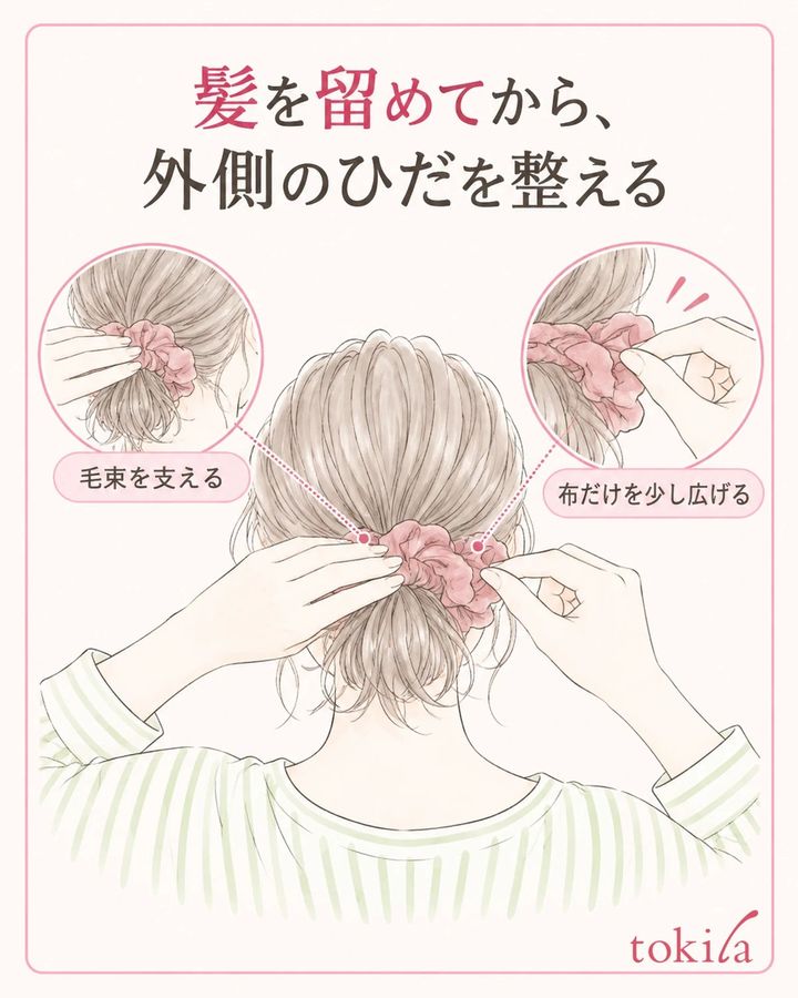 毛束を支えながら、外側の布だけを少しずつ整えます。