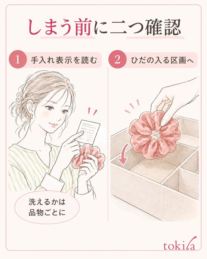 手入れの表示を確かめ、ひだの収まる場所へ置きます。