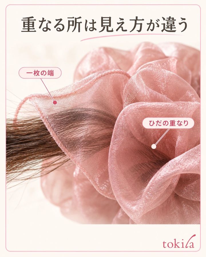 薄い布の端と重なったひだの下の髪を見比べます。