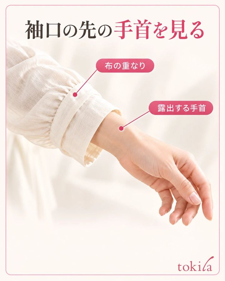 袖口の布の重なりと露出する手首を見ます。