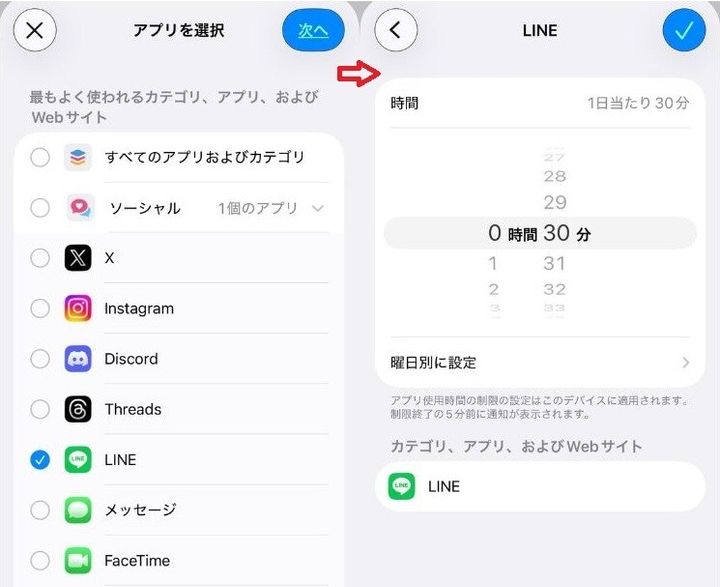カテゴリ一覧から「ソーシャル」を展開し、「LINE」にチェックを入れて次へ進みます。