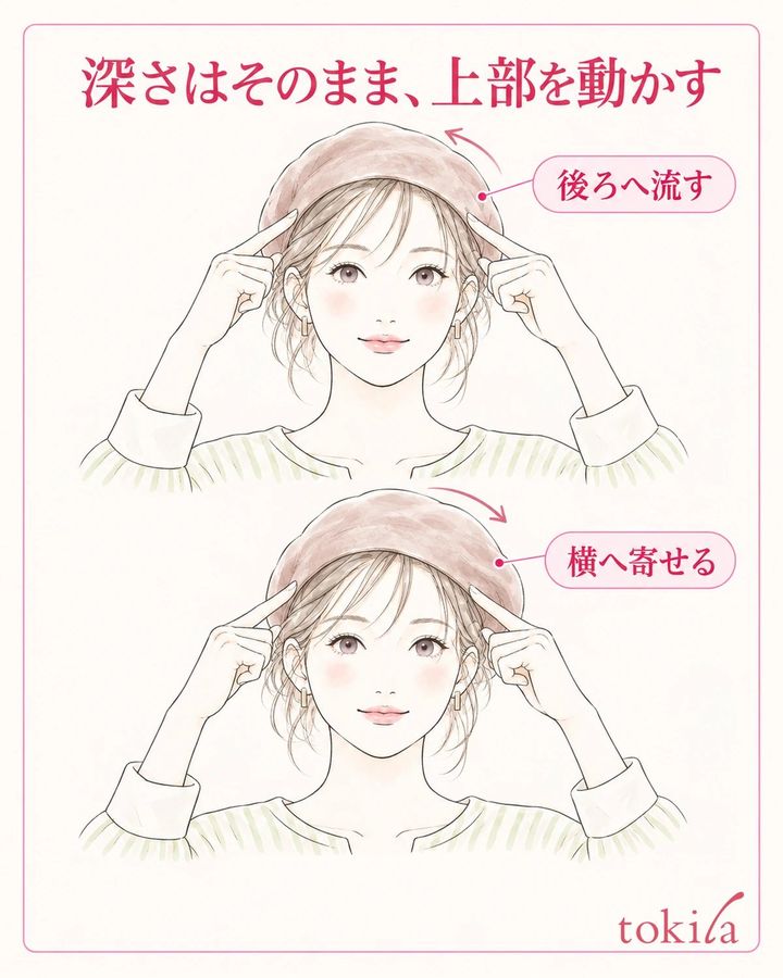 同じ深さを保ち、上部を後ろへ流す形と横へ寄せる形を比べます。