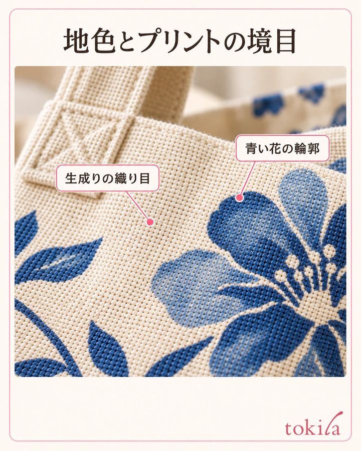 生成りの織り目と青いプリントの輪郭を近くで見ます。
