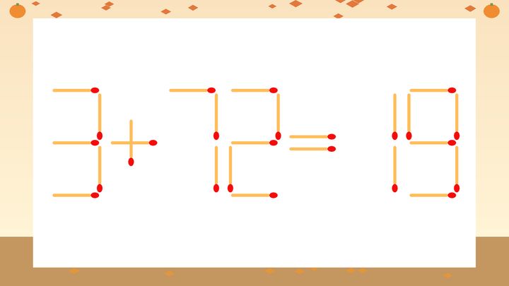 【マッチ棒クイズ】1本だけ動かして正しい式に：3+72=19？の問題画像