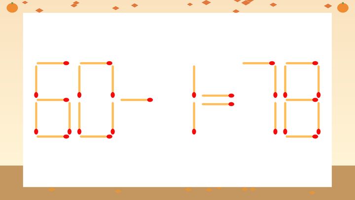 【マッチ棒クイズ】1本だけ動かして正しい式に：60-1=78？の問題画像