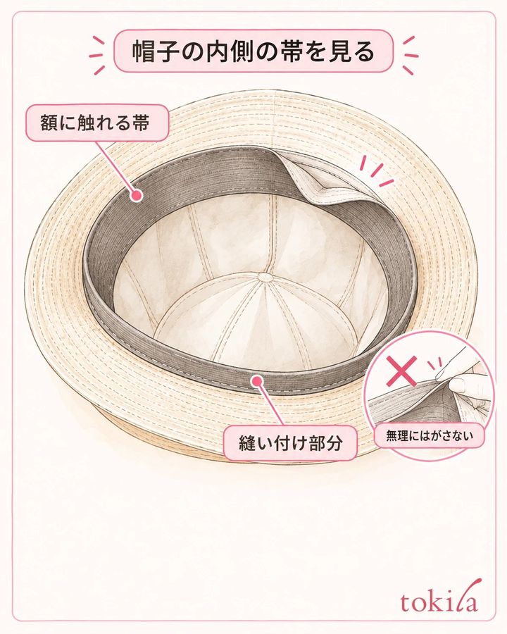 額に触れる帯と、縫い付け部分を見分けます。