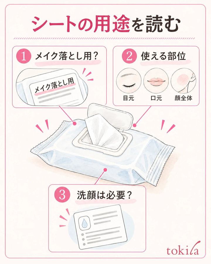 メイク落とし用の表示と、使える部位・使用後の工程を読み分けます。