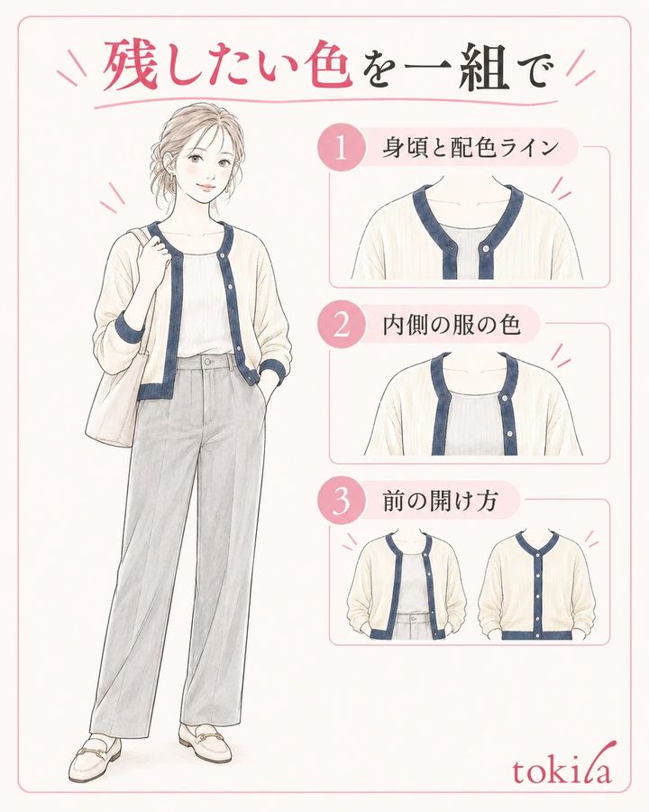 全身で好きな配色を選び、色と前の開け方を一組で残します。
