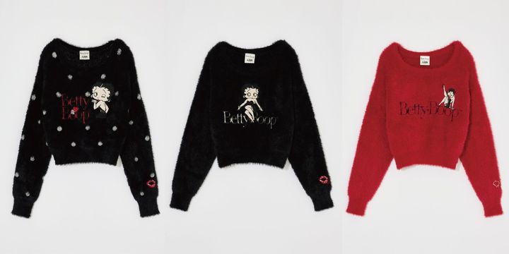 Betty Boop™×AZULシャギーニットの柄BLK、BLK、RED