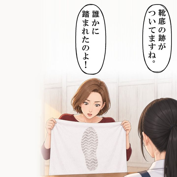 広げたタオルの真ん中に、灰色の靴底の跡がついていました
