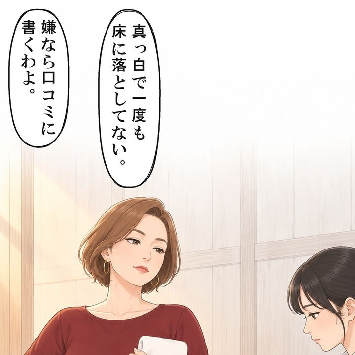 女性客は、真っ白で一度も床に落としていないと言い張りました