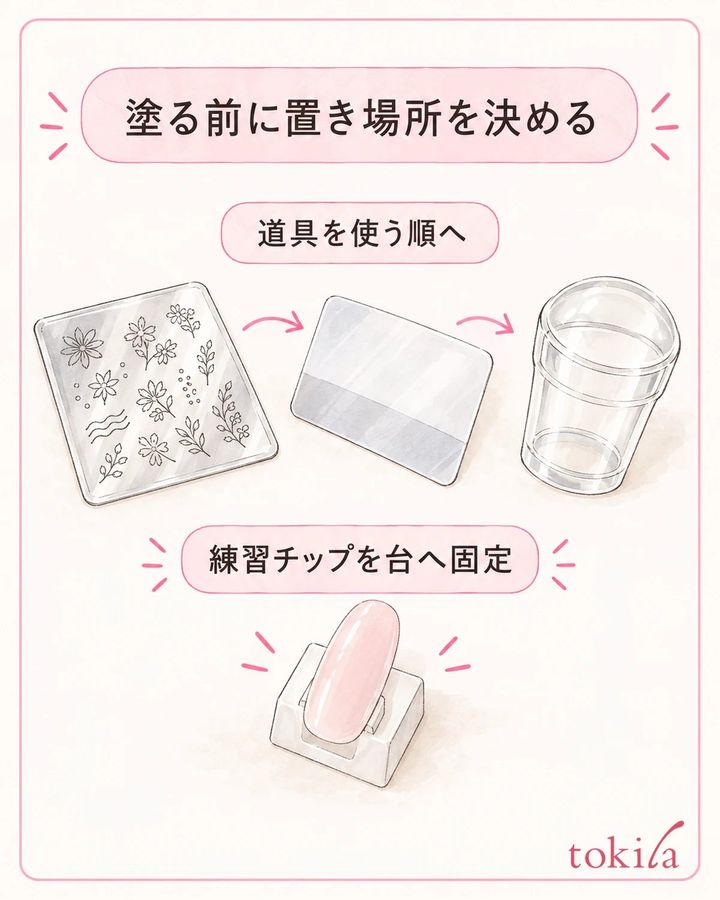 塗料を出す前に、道具と練習チップの位置を整えます。