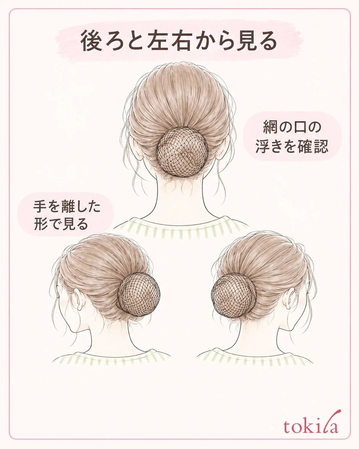 後ろと左右を見て、網だけの浮きと髪全体の動きを分けます。