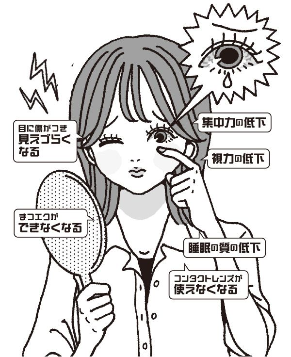 集中力の低下／視力の低下／睡眠の質の低下／コンタクトレンズが使えなくなる／目に傷がつき見えづらくなる／まつエクができなくなる