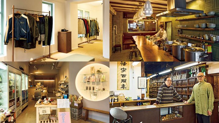 東銀座〈F.I.L. GINZA〉店内、東銀座〈重津商店〉店内、東銀座〈たらちゃん〉店内、東銀座〈中村活字〉店内