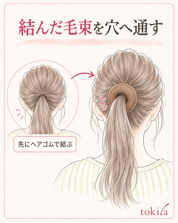 先に結んだ毛束を、土台の中央へ通します。
