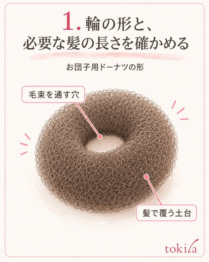 輪の中央へ毛束を通し、外側の丸い土台を髪で覆う型を確認します。