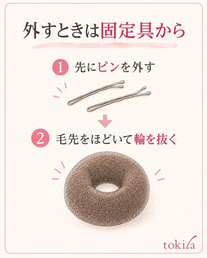 固定具を外し、収めた毛先をほどいてから土台を抜きます。