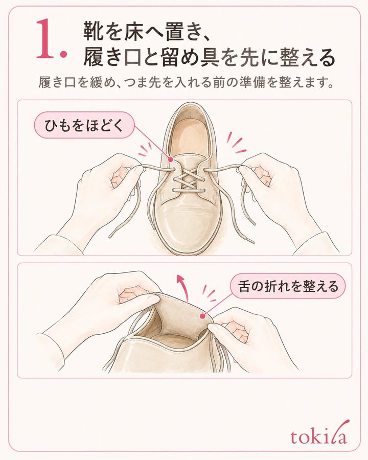 履き口を緩め、つま先を入れる前の準備を整えます。