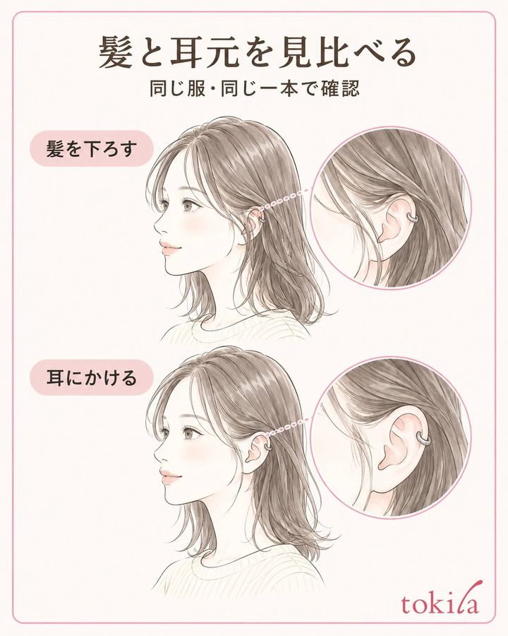同じ服のまま、髪に隠れる面と見える面を確かめます。