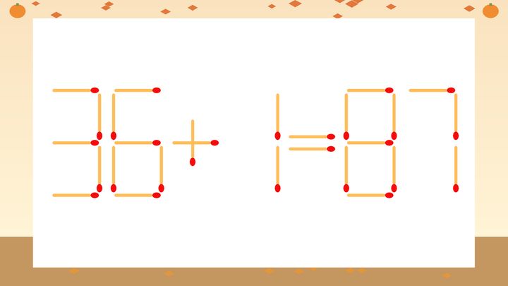 【マッチ棒クイズ】1本だけ動かして正しい式に：36+1=87？の問題画像
