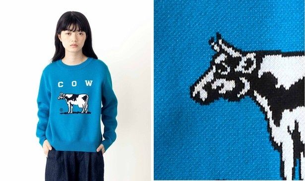 牛乳石鹸のロゴをダブルジャカード編みで表現した「青箱色のセーター〈レディース〉」(1枚7590円)