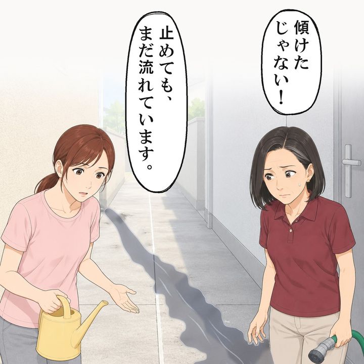 奥さんの玄関前に注いだ水は、境を越えて私の側へ流れました