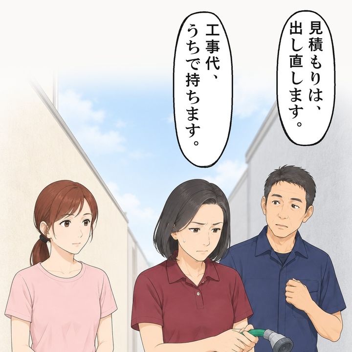 奥さんは、ホースの先を自分の家の排水口へ向け直しました