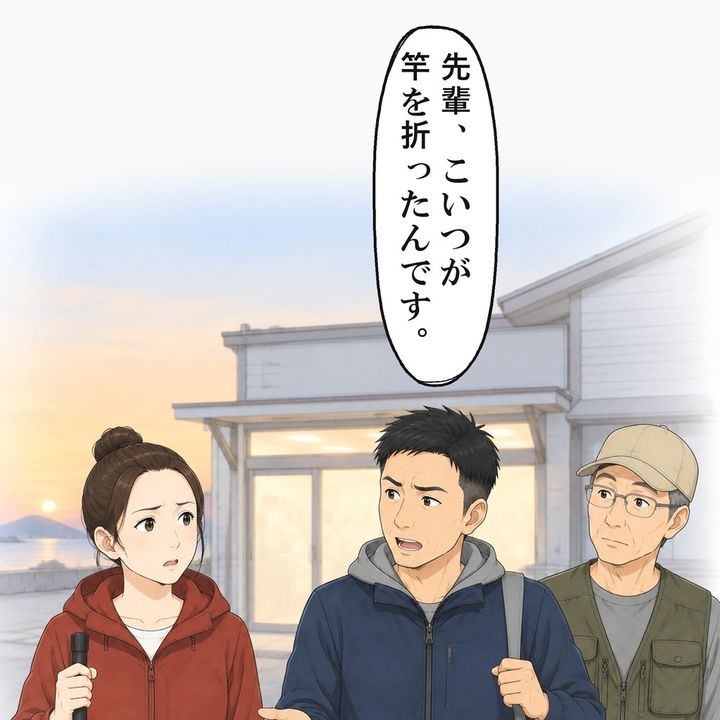 夜明けの釣具店の前で、夫が先輩に話しかけました