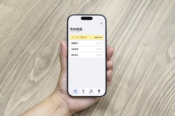 「今の状況」画面で、HELPを発信中の従業員やログイン中のメンバーを一覧で確認できる
