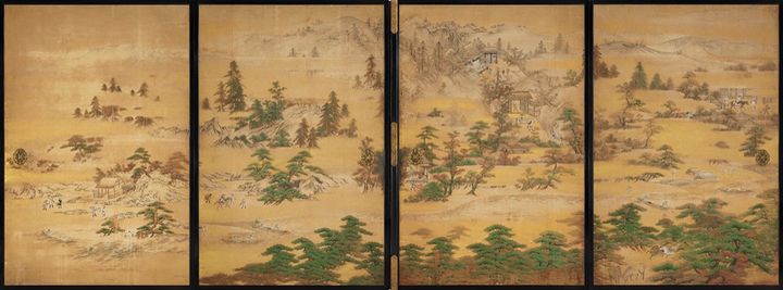 狩野宗眼重信《名所風俗図襖（三保松原・清見寺）》 17世紀初 個人蔵