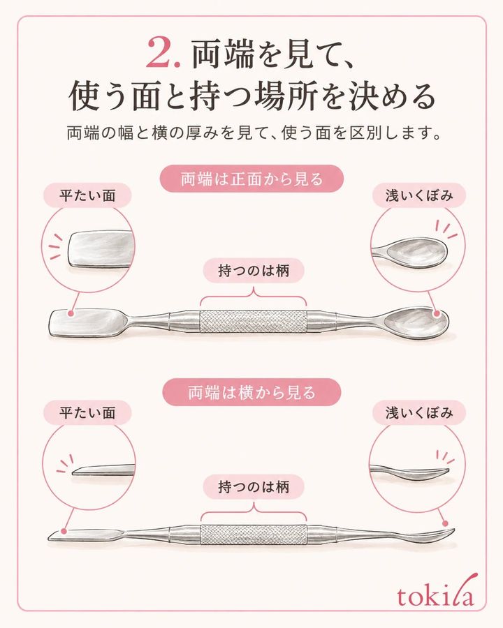 両端の幅と横の厚みを見て、使う面を区別します。