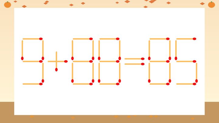 【マッチ棒クイズ】1本だけ動かして正しい式に：9+88=85？の問題画像