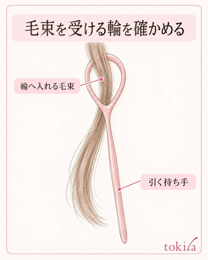 毛束を入れる輪と、引き抜く持ち手を見分けます。