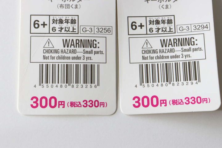 ダイソーのキーホルダーのタグの裏面。対象年齢やバーコード、価格が写っている