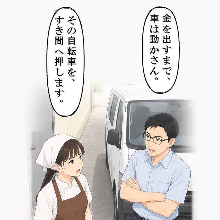 私は、その自転車をすき間へ押すと言いました