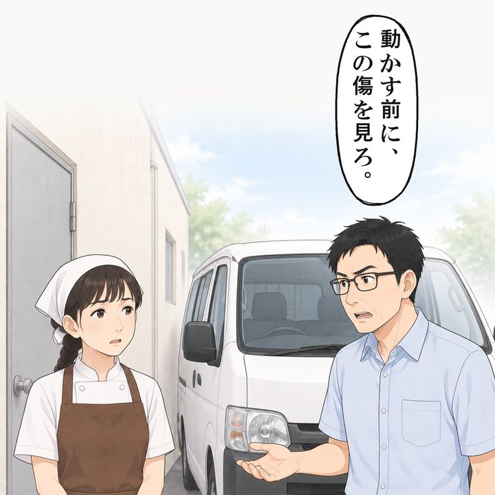 車を動かしてと頼むと、男はドアの傷を見ろと言いました