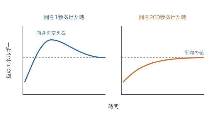 粒のエネルギーの平均が時間とともにどう変わるかを、2回の測定の間を1秒と200秒あけた時で比べた図です(線の形は模式的で、縮尺は正確ではありません)。1秒の時のある結果の組み合わせの線は途中で向きを変えていて、見えない網目から粒へエネルギーが戻ってきたことが分かります。