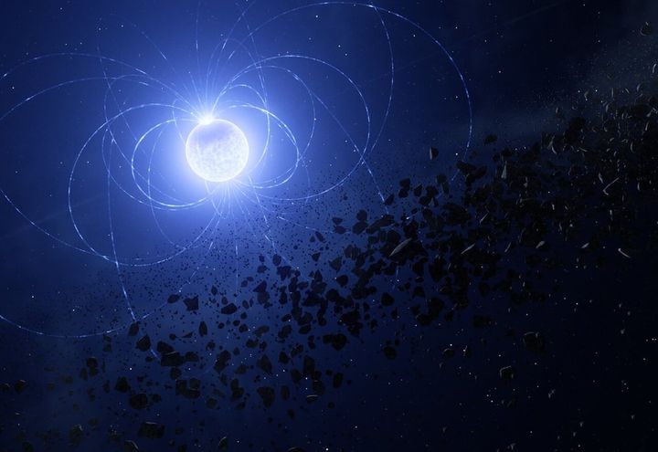 金属の「傷あと」をもつ、磁場のある白色矮星「WD 0816-310」を描いた想像図です。金属を含む白色矮星には、黄色や緑に見えるものがあります。