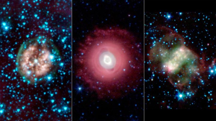 NASAのスピッツァー宇宙望遠鏡がとらえた、3つの惑星状星雲です。惑星状星雲は、太陽のような星が一生の終わりに近い段階で見せる、死にゆく星の名残です。
