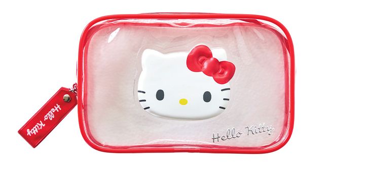 上西星来さん愛用のサンリオ（sanrio）ハローキティの立体顔がついた赤とクリアの平成レトロ風大容量ポーチ